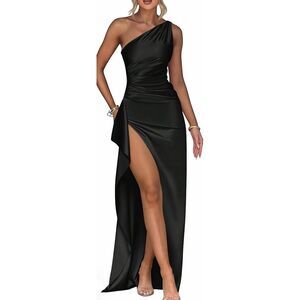 OYS Viral Black One Shoulder Sculpting Maxi Dress M High Slit Snatched Bodycon